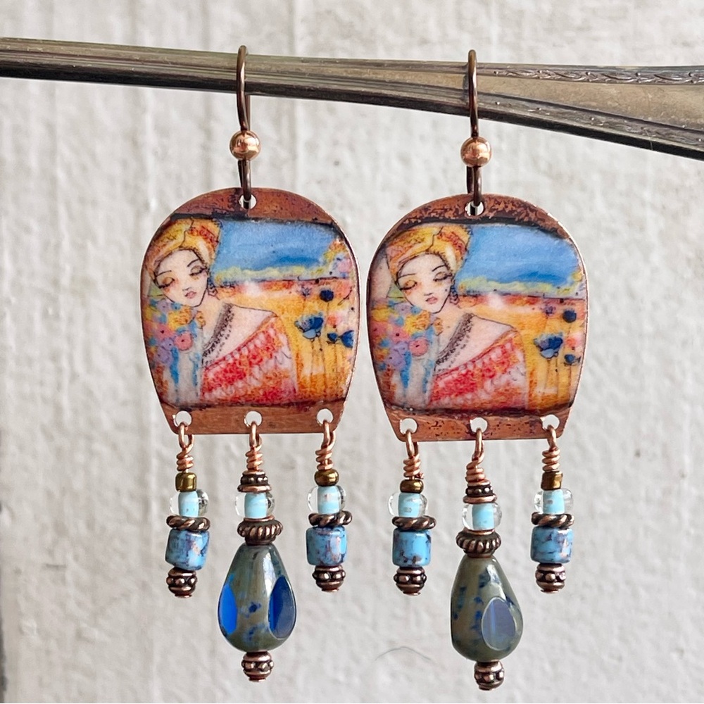 ARTISAN Earrings “Woman in a Field of Flowers” - Dangles - Picture 6 of 12